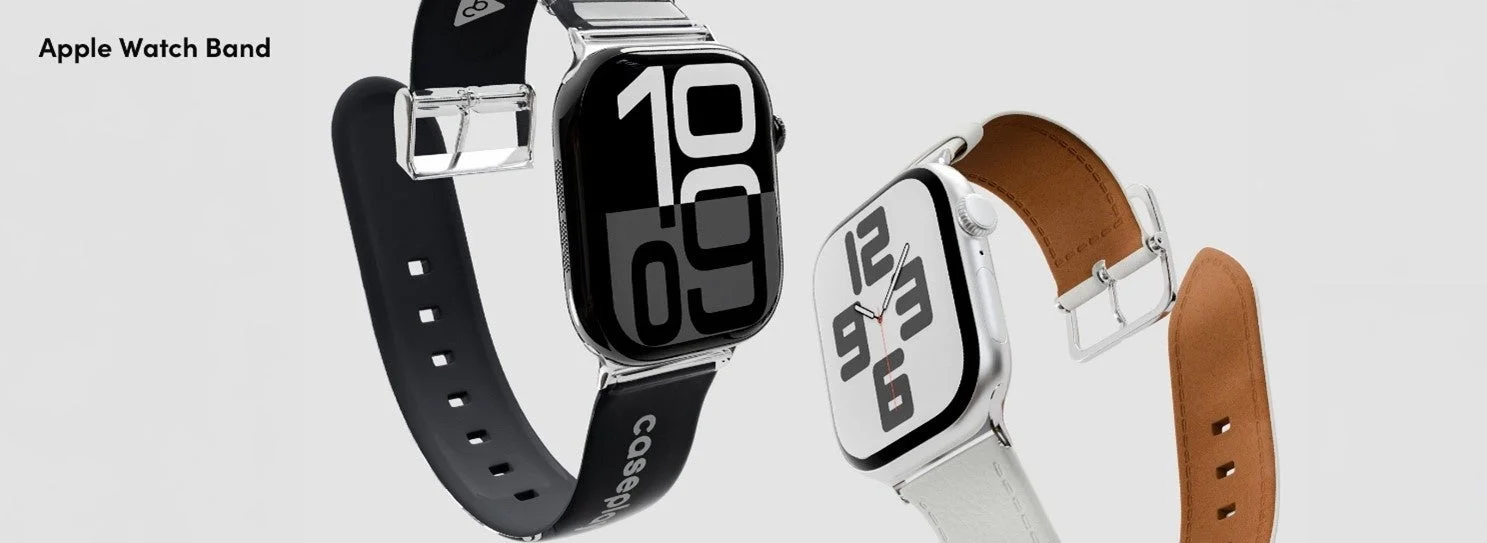 Apple Watch用の異なる素材と色のバンドを2つ並べて展示している画像