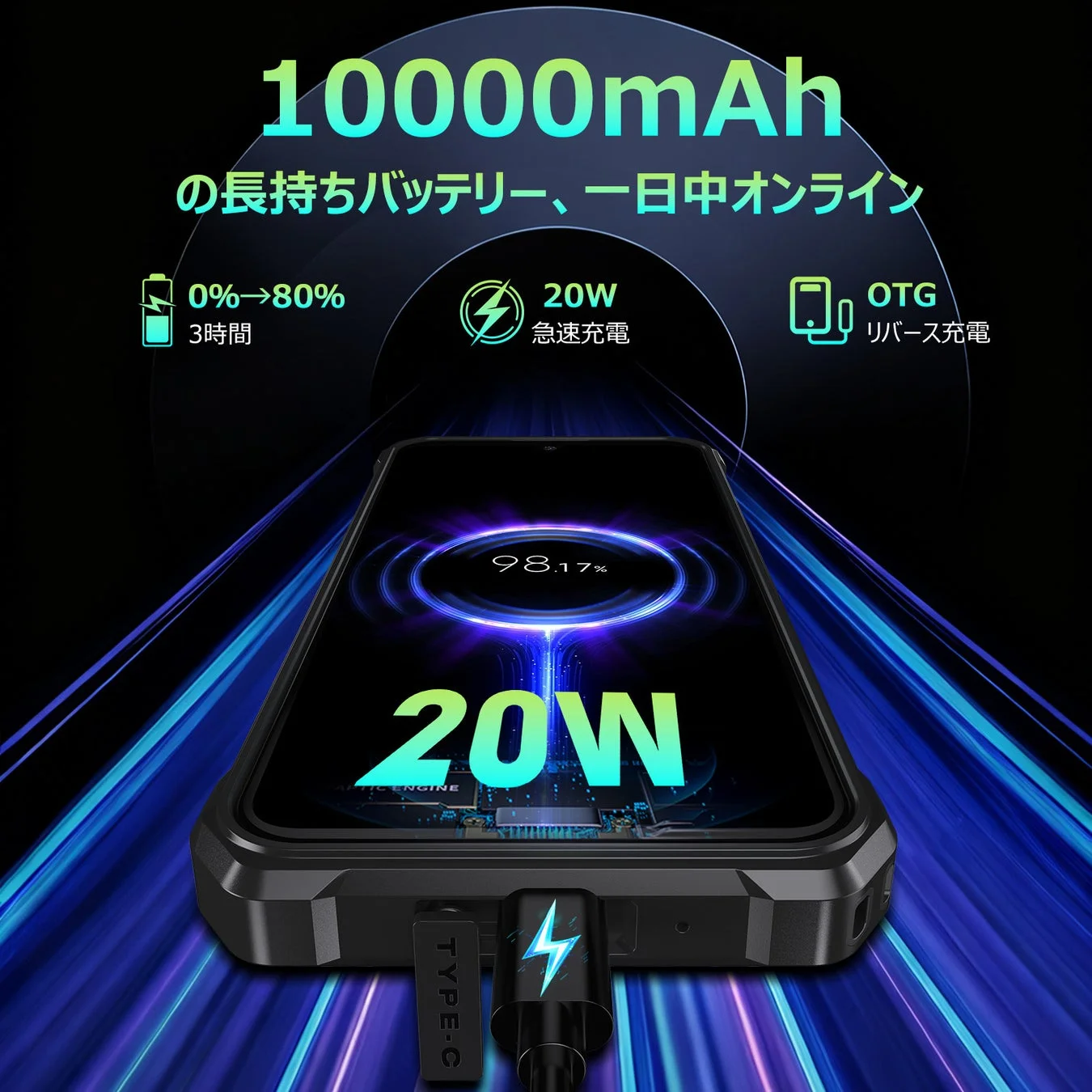 10000mAh 超大容量バッテリー