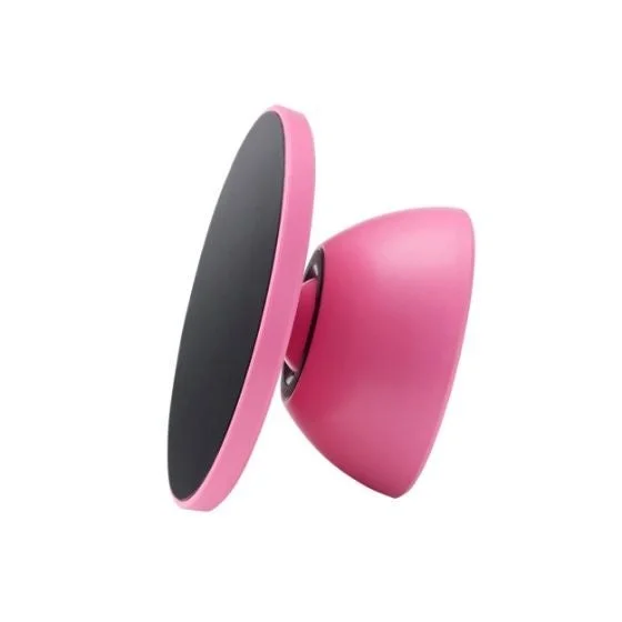 白い背景にピンクと黒の円形デバイスが写っています。スマートフォンなどを固定するためのマグネット式ホルダーのように見えます。